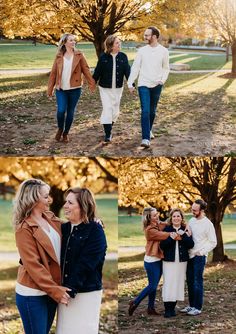 three photos of people holding hands and walking in the park, with trees behind them