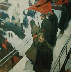 an oil painting of people walking down a snowy street