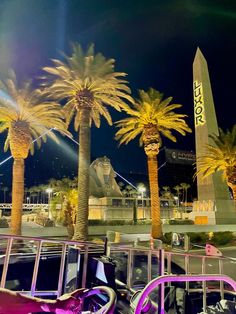 palm trees in front of a tall obelisk at night