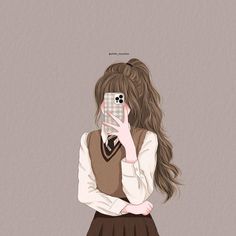 a drawing of a girl holding her cell phone up to her face while wearing a school uniform