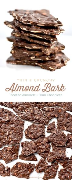 chocolate cookies stacked on top of each other with the words thin and crunchy almond bark