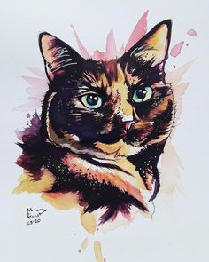 a painting of a cat with blue eyes