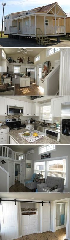 four different shots of the inside of a house with wood floors and white cabinets, including an open floor plan