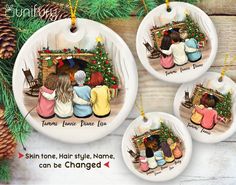 four ceramic christmas ornaments with children sitting on the bench in front of a fire place