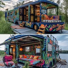 two pictures of a colorful bus that looks like it has been painted with flowers and leaves