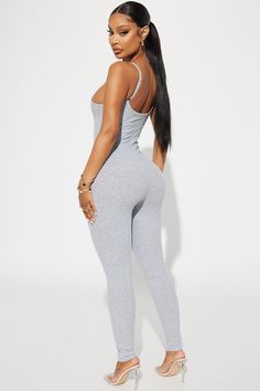 Available In Black And Heather Grey. Ribbed Jumpsuit Adjustable Spaghetti Straps Scoop neck Legging Stretch 60% Cotton 35% Polyester 5% Spandex Imported | Naila Ribbed Jumpsuit in Heather Grey size Large by Fashion Nova One Shoulder Jumpsuit, Service Women, Sweater Jumpsuit, Free Dresses, Swimming Outfit, Sleeveless Jumpsuits, White Trim, Matching Dresses, Black Jumpsuit