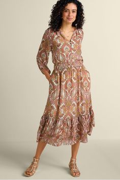 We're swooning over this midi. From the Jacobean scroll print to the airy crinkle chiffon, it has an ethereal, romantic quality you'll want to wear all year-round from date nights to hosting. A partial placket of faux shell buttons leads to a comfy smocked waist for gentle shaping. While ruffle details and 3/4-length blouson sleeves add a feminine flourish. Side seam pockets make it ready for anything, too. Lined. Ethereal Romantic, Upcycled Ideas, Soft Surroundings Dresses, Vintage Boho Fashion, Velvet Fashion, Shell Buttons, Mid Dresses, Soft Surroundings, Dress With Cardigan