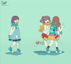 two girls are walking with backpacks and one girl is wearing a blue dress, the other has a yellow duck in her hand