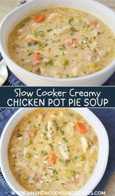 two bowls of slow cooker creamy chicken pot pie soup