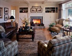 a living room with couches, chairs and a fire place in the fireplace area