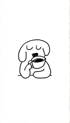 a black and white drawing of a dog drinking from a cup with its eyes closed