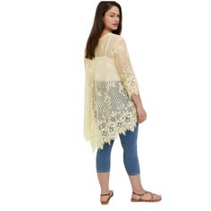 Soft Lace Kimono By Torrid, Perfect Layer Without The Heat! 3/4 Sleeve Wide Openings With Beautiful Detail. Pit To Pit 28" + 37" Long Never Worn, Excelent Condition. 285 Yellow Lace Tops For Summer, Muted Yellow, Lace Kimono, Cream Yellow, Rayon Pants, Yellow Cream, Jelly Shoes, Scalloped Lace, Pajama Shirt