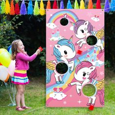 PRICES MAY VARY. Package includes : 1 fabric unicorn toss game banner, 3 bean bags and 1 ribbon (approx. 9.8 ft) for hanging; Funny unicorn themed party game set for both children and adults Material and big size : the unicorn birthday party supplies is made of great quality fabric, and has 4 holes for hanging easily; The unicorn game banner (33.5 x 57 inches) is larger than traditional toss games, suitable for multi-team competition Washable and reusable : fabric unicorn toss game banner can be Bean Bag Game, Unicorn Games, Unicorn Themed Birthday Party, Rainbow Unicorn Birthday, Unicorn Party Decorations, Unicorn Halloween, Gaming Banner, Carnival Birthday Parties, Toss Game