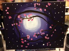 a painting of a tree with pink flowers in front of a purple sky and white moon