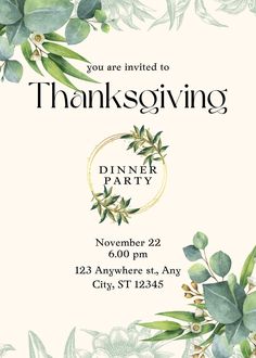 a thanksgiving dinner party flyer with watercolor leaves and greenery on the front cover