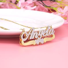 Custom Gold Name Necklace For Valentine's Day, Valentine's Day Yellow Gold Nameplate Necklace, Gold Stainless Steel Name Necklace For Valentine's Day, Valentine's Day Yellow Gold Pendant Name Necklace, Gold Metal Name Necklace For Valentine's Day, Betty Boop Figurines, Two Hearts