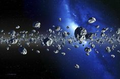 an artist's impression of the collision between two stars in space, with rocks and debris scattered about it