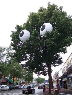 two fake eyes are placed on the top of a tree in front of a city street