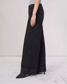 Marina Wide-Leg Jean - Angelique | rag & bone Chic Wide Leg Flare Jeans In Washed Black, Chic Wide Leg Washed Black Flare Jeans, Cotton Flare Jeans With Frayed Hem For Work, Modern Wide Leg Washed Black Jeans, Modern Washed Black Wide Leg Jeans, Wide Leg Cropped Jeans With Patch Pockets For Fall, Relaxed Fit Wide-leg Jeans With Frayed Hem, Wide Leg Flare Jeans With Patch Pockets For Fall, Chic Wide-leg Flare Jeans With Frayed Hem