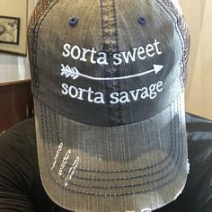 Sorta Sweet Sorta Savage Distressed Mesh Trucker Cap, Cute Vintage Baseball Hat, Trendy Gifts, Women Distressed Adjustable Snapback Hat, Distressed Curved Brim Hat, Adjustable Distressed Baseball Cap, Distressed Trucker Hat One Size Fits Most, Distressed Adjustable Cap, Adjustable Distressed Cap, Savage People, Vintage Baseball Hats, Vintage Baseball Cap