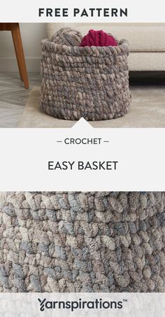 the crochet basket is shown in three different colors and sizes, with text overlay