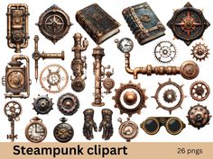 the steampunk clipart collection includes many different types of clocks, pipes and books