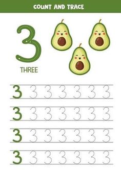 an exercise sheet with numbers and avocados for children to practice counting the number three