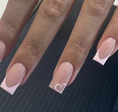 French Tip Nails With Heart Ring Finger, Soft Square Nails Design, Square Nails White Design, Matching Heart Nails, French With Heart, Valentinstag Nails, Heart Accent Nail, Nails Inspo Simple, Nails Simple White