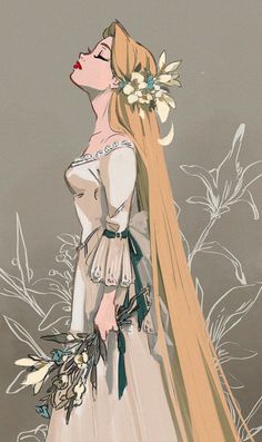 a drawing of a woman with long blonde hair wearing a white dress and flowers in her hair