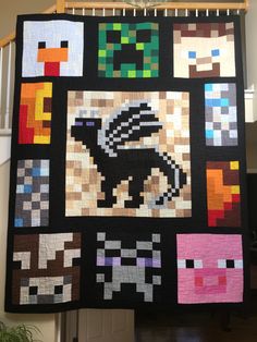 the quilt is made to look like pixel art