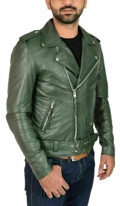 Stylish Motorcycle Biker Olive GREEN Leather Jacket for Men with BELTED on Storenvy Green Long-sleeve Biker Outerwear, Green Long Sleeve Biker Outerwear, Green Long Sleeve Leather Jacket Casual Style, Casual Green Long Sleeve Leather Jacket, Casual Green Winter Biker Jacket, Casual Green Biker Jacket For Winter, Casual Green Leather Jacket For Winter, Green Long Sleeve Biker Jacket, Casual Green Leather Jacket For Streetwear