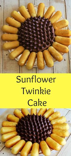 sunflower twinkie cake with chocolate frosting in the middle and on top, sitting on