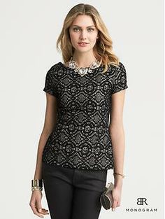 BR Monogram Lace Zip-Back Top | Banana Republic Elegant Fitted Tops For Business Casual, Elegant Party Tops With Back Zipper, Elegant Stretch Tops For Formal Occasions, Elegant Black Top With Back Zipper, Br Monogram, Black Banana, Top Banana, Peplum Top, Banana Republic