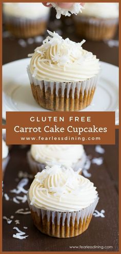 three cupcakes with white frosting on top and the words gluten free carrot cake cupcakes below