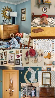 a collage of photos with teddy bears and other things on the wall in different rooms