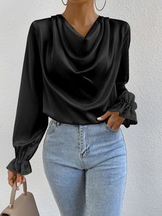 Negro Elegante Collar manga larga Satén Liso Top Embellished No-Elástico Black Satin Blouse Outfit, Silk Top Outfit Classy, Silk Top Outfit, Silk Tops For Women, Black Satin Shirt