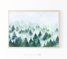 a painting of trees in the fog on a white wall