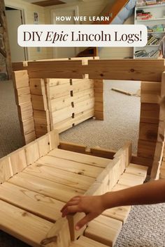 someone is building a bed made out of wooden pallets with text overlay that reads, how we learn diy epic lincoln logs