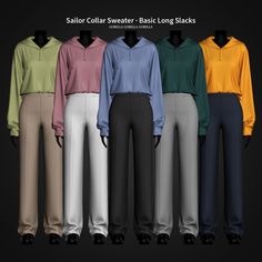 a group of different colored sweatpants on mannequins in front of a black background