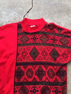 "Vintage 80's Aztec Block Red, Pullover, Crew Neck, Sweatshirt Size: Medium Measurements: Pit-Pit: 19.5\" Length: 24\" Cuff-Pit: 14\"" Red Vintage Tops For Fall, Retro Red Tops For Winter, Red Retro Winter Tops, Retro Red Long Sleeve Sweatshirt, Red Retro Long Sleeve Sweatshirt, Vintage Red Long Sleeve Sweatshirt, Red Vintage Long Sleeve Sweatshirt, Retro Red Sweatshirt With Graphic Print, Retro Red Graphic Print Sweatshirt