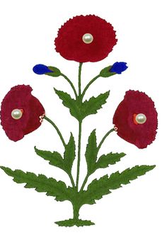 three red flowers with green leaves on a white background and pearls in the middle one