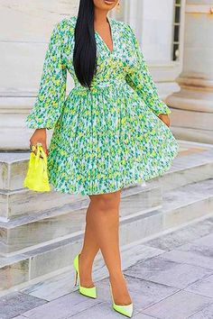 V-Neck Floral Print A-Line Women's Long Sleeve Dress Mini Gown, Ankara Short Gown Styles, Short Gowns, African Fashion Women Clothing, Classy Dress Outfits, Women Long Sleeve Dress, African Print Fashion Dresses, African Clothing Styles