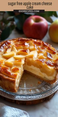 an apple cream cheesecake on a glass plate with one slice missing from the pie