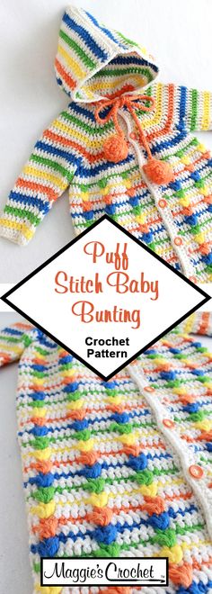 a colorful crochet sweater with the words puff stitch baby knitting written on it