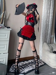 Goth Performance Outfits, Red Idol Outfit, Red Fairy Outfit, Devilcore Outfits, Red Themed Outfits, Red Alt Outfits, Red Grunge Aesthetic Outfits, Red And Black Outfits Aesthetic, Black Kawaii Outfits