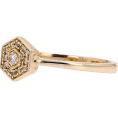 Find inspiration in the details of elegance and sophistication with the 14K Yellow Gold Diamond Hexagon Ring. This exquisite piece features a stunning diamond as its main stone, exuding brilliance and charm. With a total diamond weight of 0.11 carats, every facet captures and reflects light with mesmerizing allure.Crafted in 14K yellow gold, this ring epitomizes luxury and timeless beauty. Its hexagonal design adds a modern flair while maintaining a classic appeal, making it perfect for everyday Hexagon Ring, Hexagonal Design, Diamond Birthstone, Hexagon Design, Yellow Gold Jewelry, Diamond Charm, Estate Jewelry, Meaningful Gifts, Timeless Beauty