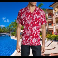 This Tropical Red Palm Printed Button Down Sport Shirt Will Add A Playful Touch To Your Look. Features Button Down Front Closure, Chest Patch Pocket, Notched Lapel, And Short Sleeves. Size Small, Approx 29 Inches From Shoulder To Hem. Nwt Color: Red Tropical Print Code#Bpi1ezs2 Fitted Button-up Hawaiian Shirt For Vacation, Red Collared Top For Summer, Red Camp Collar Top For Summer, Red Hawaiian Button-up Shirt For Vacation, Red Short Sleeve Shirt For Vacation, Red Short Sleeve Vacation Shirt, Red Camp Collar Shirt For Spring, Red Relaxed Fit Shirt For Summer, Red Casual Collared Hawaiian Shirt