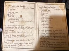 an old recipe book with chocolate chip cookies written in cursive writing on it