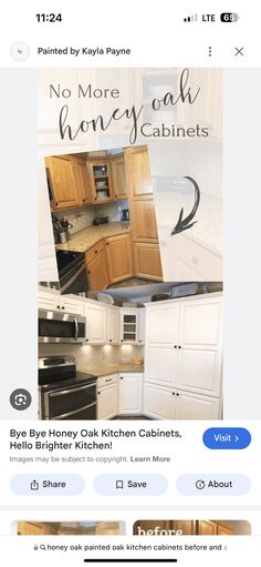 an instagram page for kitchen cabinets with the caption'no more oak hungry cabinets '