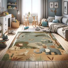 a child's room with blue walls, wooden floors and an animal rug on the floor